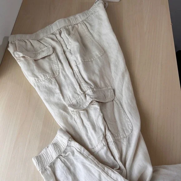 Nicole Miller Cargo Joggers Women L Beige 100% Linen European Flax Drawstring - Picture 6 of 8